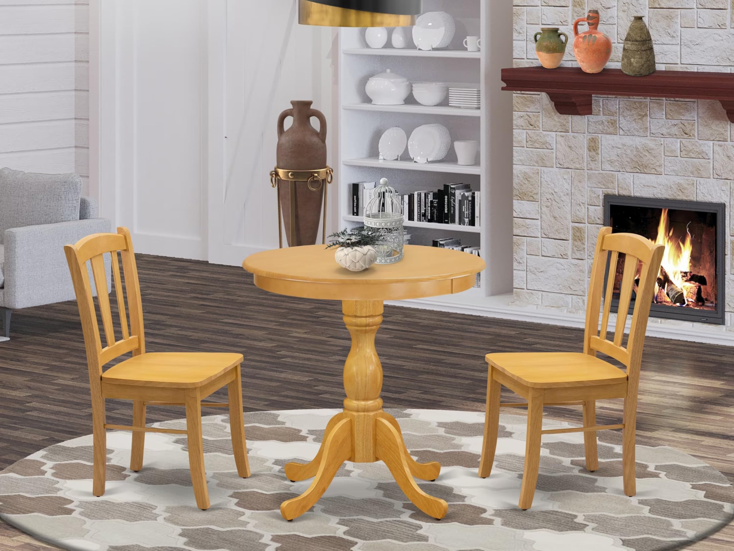 East West Furniture Esdl3-Oak-W 3 Piece Kitchen Table Set For Small Spaces Contains A Round Dining Room Table With Pedestal And 2 Solid Wood Seat Chairs, 30X30 Inch, Oak